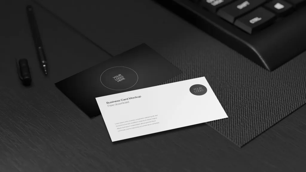 Dark business card front and back and dark table free photoshop mockup 8K resolution